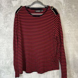 Lauren Ralph Lauren XL Red Black Stripe Top Velvet Epaulet Gold Button Preppy